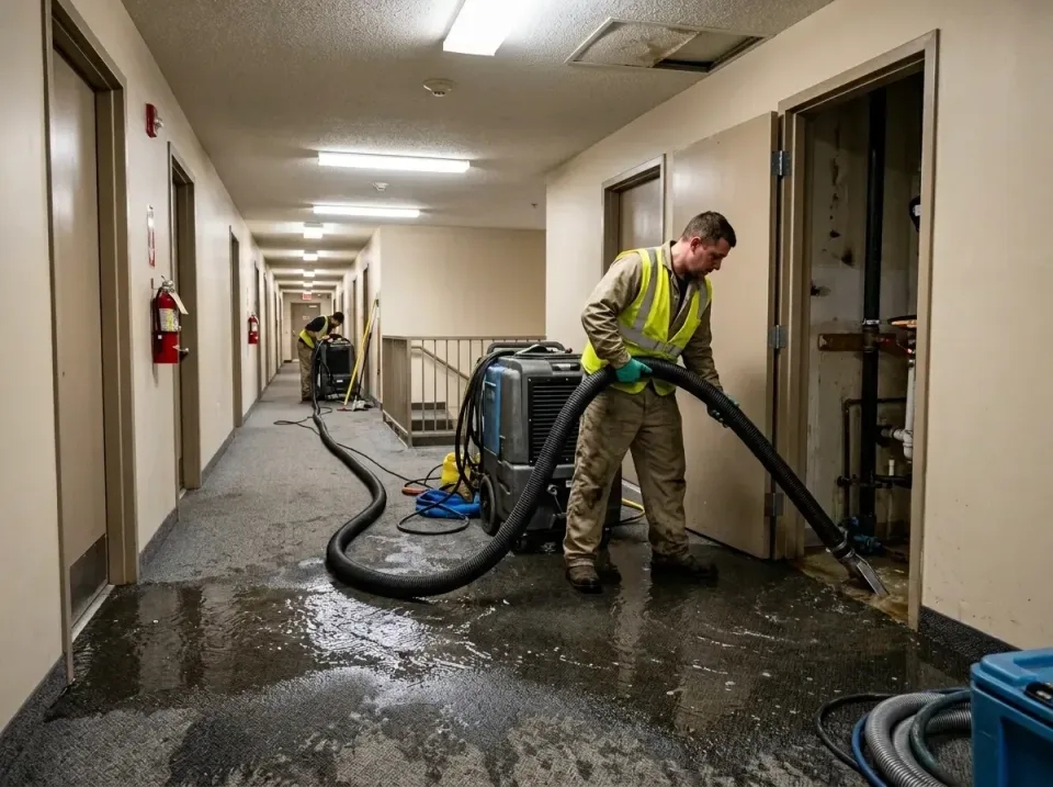 multi-unit-apartment-hallway-f-005 — frequently asked questions, Emergency Burst Pipe Water Extraction & Removal in Progress…